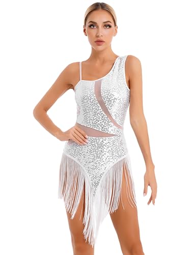 Alvivi Damen Latein Tanzkleid Pailletten Kleid Glitzer Tanzbody mit Asymmetrisch Rock Salsa Kleid Tango Rumba Chacha Jazz Tanzkleidung B Weiß B L von Alvivi