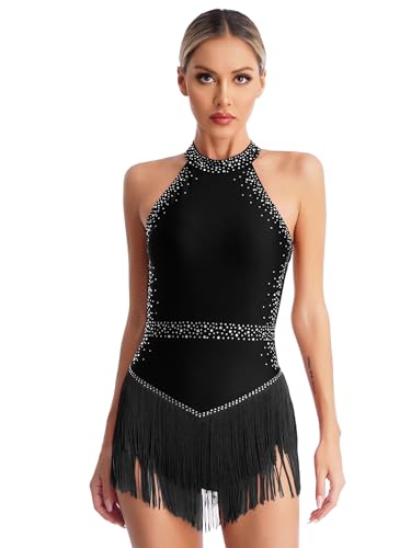 Alvivi Damen Latein Tanzkleid Glitzer Ballettkleid mit Fransen Rock Eiskunstlauf Kleid Ballerina Salsa Tango Rumba Chacha Jazz Tanzkleidung A Schwarz S von Alvivi