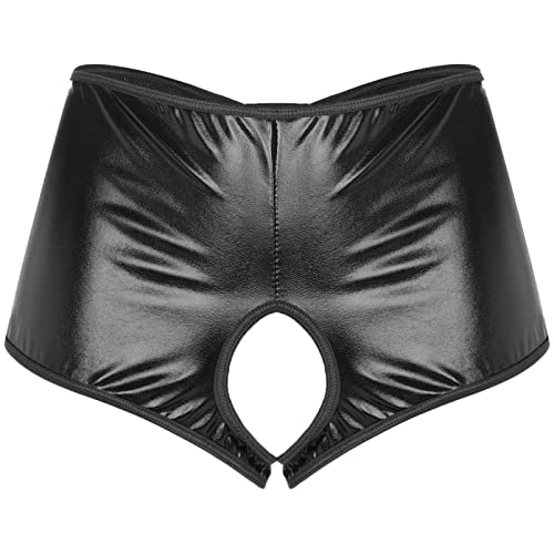Alvivi Damen Letex ouvert-Panty Wetlook ouvert-Slip Tanga Dessous-Unterwäsche Frauen offener Schritt Kunstleder Shorts Clubwear Schwarz XXL von Alvivi