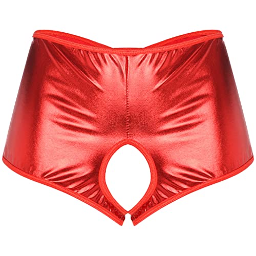 Alvivi Damen Letex ouvert-Panty Wetlook ouvert-Slip Tanga Dessous-Unterwäsche Frauen offener Schritt Kunstleder Shorts Clubwear Ca Rot S von Alvivi