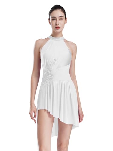 Alvivi Damen Lyrisch Tanzkleid Glitzer Ballettkleid mit Asymmetrisch Rock Eiskunstlauf Kleid Modern Dance Contemporary Tanzkleidung Elfenbein XXL von Alvivi