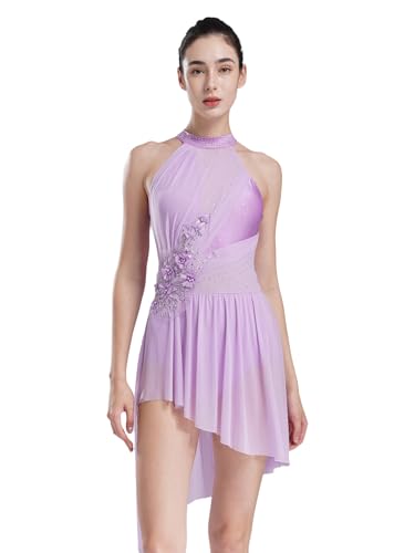 Alvivi Damen Lyrisch Tanzkleid Glitzer Ballettkleid mit Asymmetrisch Rock Eiskunstlauf Kleid Modern Dance Contemporary Tanzkleidung Hell Lila S von Alvivi