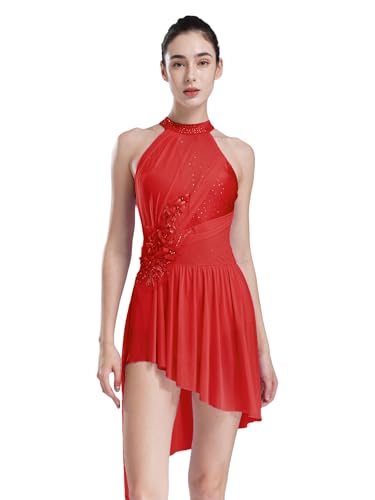 Alvivi Damen Lyrisch Tanzkleid Glitzer Ballettkleid mit Asymmetrisch Rock Eiskunstlauf Kleid Modern Dance Contemporary Tanzkleidung Rot S von Alvivi