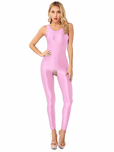 Alvivi Damen Nylon Body Overall Jumpsuit Ärmellos Glänzende Öl Ganzanzug Offener Schritt Strumpfhose Glanz Leggings Tight Hose Aa Rosa S von Alvivi