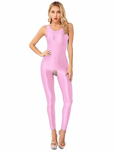Alvivi Damen Nylon Body Overall Jumpsuit Ärmellos Glänzende Öl Ganzanzug Offener Schritt Strumpfhose Glanz Leggings Tight Hose Rosa XL von Alvivi