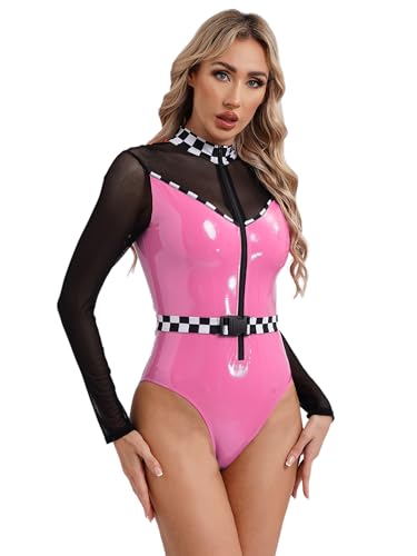 Alvivi Damen Rennfahrer Kostüm Rennfahrerin Uniform Langarm Body Overall Metallic Catsuit mit Gürtel Halloween Karneval Faschingskostüm Rosa S von Alvivi