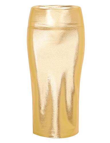 Alvivi Damen Rock Glänzend Metallic Midi Bleistiftrock Bodycon Seitenschlitz Rock für Party Nacht Clubwear Gold XXL von Alvivi
