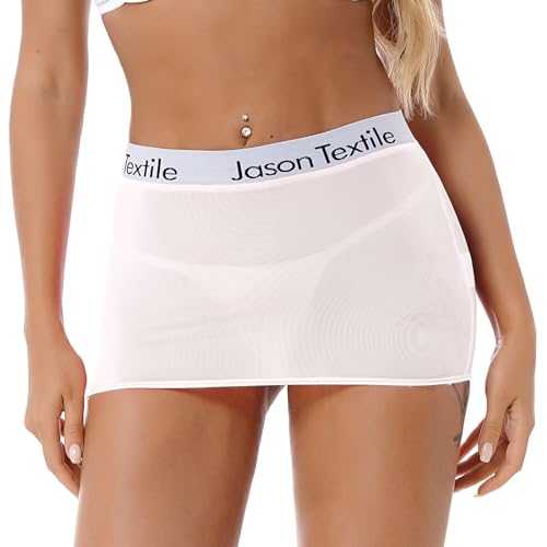Alvivi Damen Rock Transparent Minirock Bleistiftrock Buchstaben Druck Bund Stretch Mini Rock Bodycon Dessous Unterwäsche Nachtwäsche Weiß Einheitsgröße von Alvivi