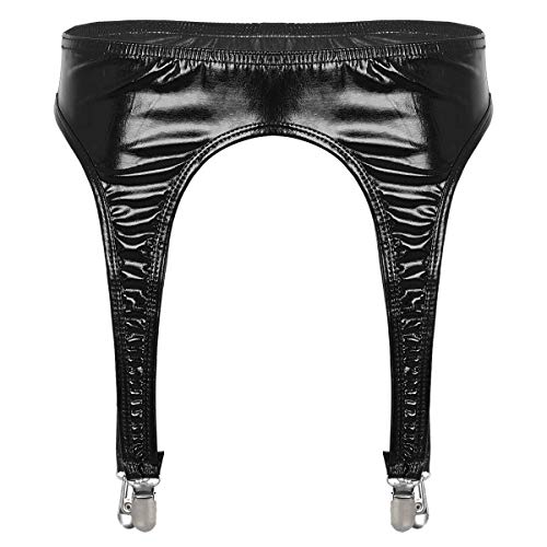 Alvivi Damen Strumpfhaltergürtel mit G-String Socken Strumpfband Mini Rock Wetlook Strumpfgürtel Lack Leder Rock Party Club Dessous-Kleid Clubwear Schwarz C(Ohne String) M von Alvivi