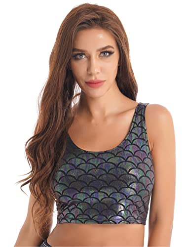 Alvivi Damen Tank Top Metallic Ärmellos Shirt Unterhemd Meerjungfrau Fischschuppen Crop Tops Kurze Bikini Oberteile Unterwäsche Grau Einheitsgröße von Alvivi