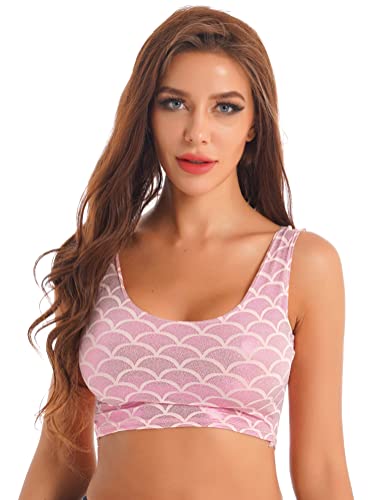 Alvivi Damen Tank Top Metallic Ärmellos Shirt Unterhemd Meerjungfrau Fischschuppen Crop Tops Kurze Bikini Oberteile Unterwäsche Rosa Einheitsgröße von Alvivi