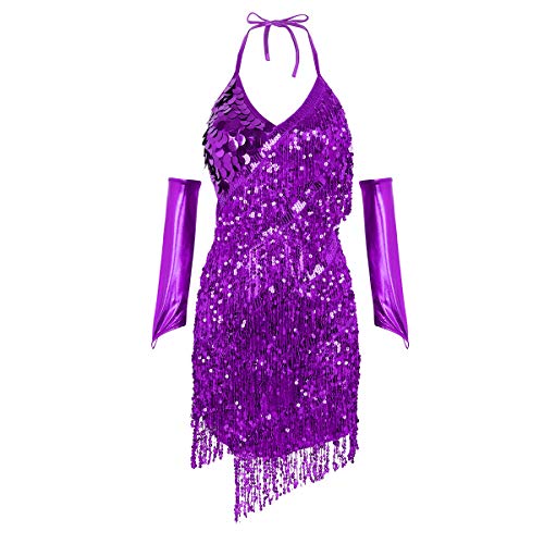 Alvivi Damen Tanzkleid Glänzend Pailletten Cocktail Partykleid Latein Rumba Cha Cha Tango Samba Bauchtanz Kleid Fasching Karneval Kleid B Lila B Einheitsgröße von Alvivi