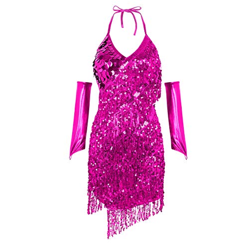 Alvivi Damen Tanzkleid Glänzend Pailletten Cocktail Partykleid Latein Rumba Cha Cha Tango Samba Bauchtanz Kleid Fasching Karneval Kleid B Rose B Einheitsgröße von Alvivi