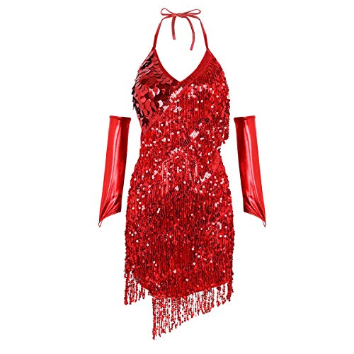 Alvivi Damen Tanzkleid Glänzend Pailletten Cocktail Partykleid Latein Rumba Cha Cha Tango Samba Bauchtanz Kleid Fasching Karneval Kleid B Rot B Einheitsgröße von Alvivi