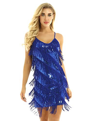 Alvivi Damen Tanzkleid Glänzend Pailletten Cocktail Partykleid Latein Rumba Cha Cha Tango Samba Bauchtanz Kleid Fasching Karneval Kleid C Blau Einheitsgröße von Alvivi