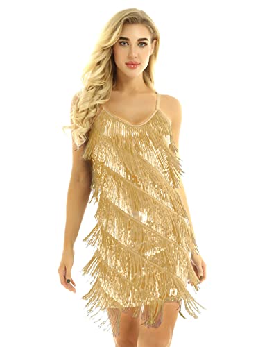 Alvivi Damen Tanzkleid Glänzend Pailletten Cocktail Partykleid Latein Rumba Cha Cha Tango Samba Bauchtanz Kleid Fasching Karneval Kleid C Gold Einheitsgröße von Alvivi