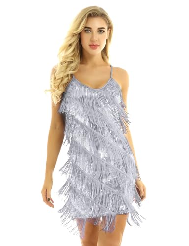 Alvivi Damen Tanzkleid Glänzend Pailletten Cocktail Partykleid Latein Rumba Cha Cha Tango Samba Bauchtanz Kleid Fasching Karneval Kleid C Silber-grau Einheitsgröße von Alvivi