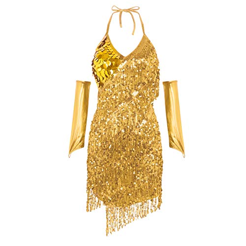 Alvivi Damen Tanzkleid Glänzend Pailletten Cocktail Partykleid Latein Rumba Cha Cha Tango Samba Bauchtanz Kleid Fasching Karneval Kleid B Gold B Einheitsgröße von Alvivi