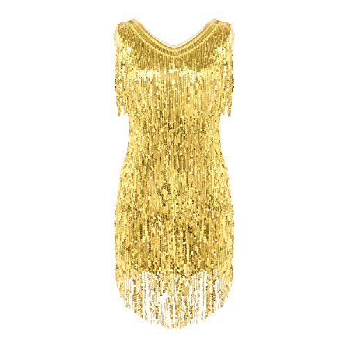 Alvivi Damen Tanzkleid Glänzend Pailletten Kleid Latein Rumba Cha Cha Tango Samba Bauchtanz Kleid Halloweem Fasching Party Kleid Gold L von Alvivi