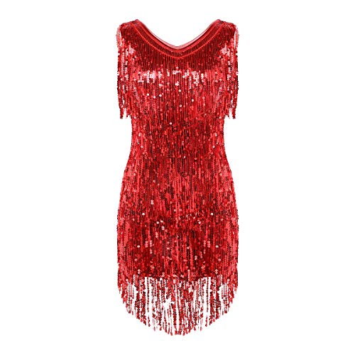 Alvivi Damen Tanzkleid Glänzend Pailletten Kleid Latein Rumba Cha Cha Tango Samba Bauchtanz Kleid Halloweem Fasching Party Kleid Aa Rot XL von Alvivi