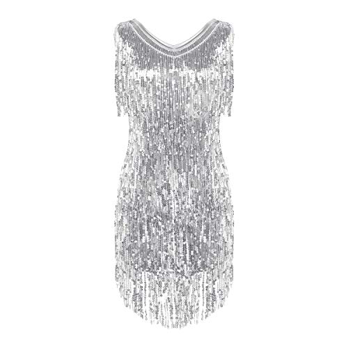 Alvivi Damen Tanzkleid Glänzend Pailletten Kleid Latein Rumba Cha Cha Tango Samba Bauchtanz Kleid Halloweem Fasching Party Kleid Silber XXL von Alvivi