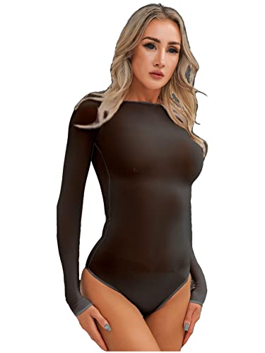 Alvivi Damen Transparent Body Overall Nylon Bodysuit Stringbody Langarm T-Shirt Unterhemd Bluse Leotard Tops Oberteile C Schwarz Ouvert Einheitsgröße von Alvivi