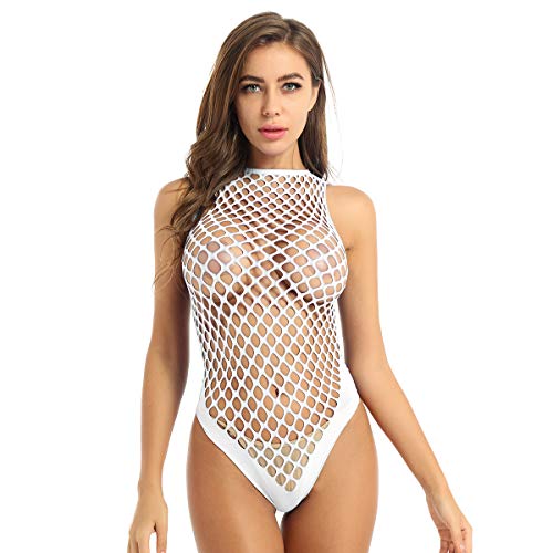 Alvivi Damen Transparent Stringbody High Cut Thong Netzbody Dessous-Bodysuit Overall Unterhemd Reizwäsche Nachtwäsche A Weiß Einheitsgröße von Alvivi