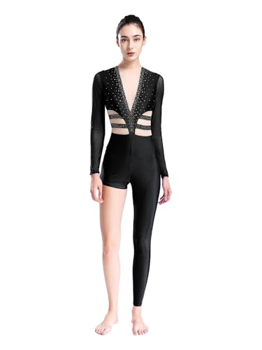 Alvivi Damen Turnanzug Ganzkörper Gymnastikanzug Glitzer Langarm Gymnastik Leotard Asymmetrisch Trikotanzug Wettbewerb Tanzkostüm Schwarz S von Alvivi