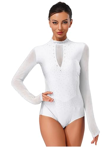 Alvivi Damen Turnanzug Glitzer Langarm Gymnastikanzug Ballettanzug Eiskunstlauf Body Overall Gymnastik Leotard Wettbewerb Tanzkostüm Weiß M von Alvivi