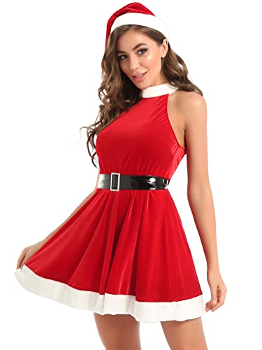 Alvivi Damen Weihnachten Kostüm Neckholder Sexy Minikleid Partykleid Nikolaus Weihnachtsfrau Kostüm Miss Santa Kleid Weihnachtskleider A Rot M von Alvivi