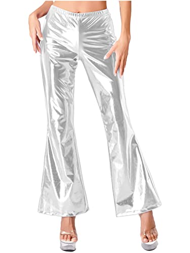 Alvivi Damen Wetlook Hose Leggings Slim Fit 70er Jahre Retro Schlaghose Metallic Tanzhose Tight Pants Disco Tanz Party Clubwear A Silber XL von Alvivi