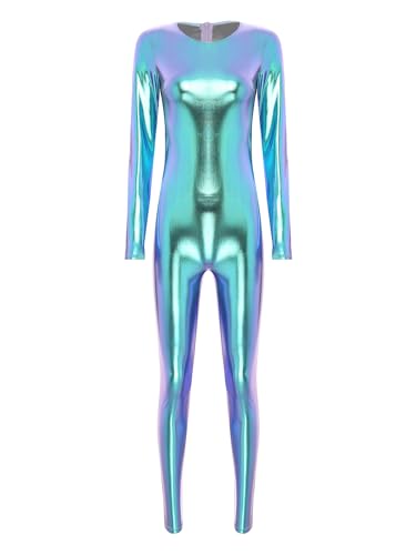 Alvivi Damen Wetlook Jumpsuit Metallic Body Overall Lackleder Langarm Bodysuit Trikotanzug Unitards Karneval Party Tanzkostüm Blau S von Alvivi