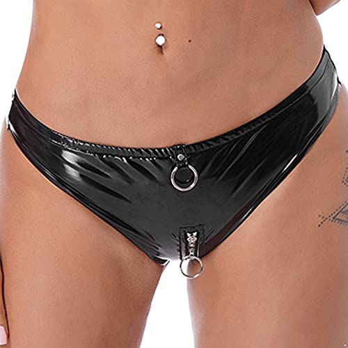 Alvivi Damen Wetlook Ouvert Slip G-String Tanga Panty Dessous offen Crotch Lack-Optik Höschen Hotpants Reizwäsche aus Lackleder A Schwarz D M von Alvivi