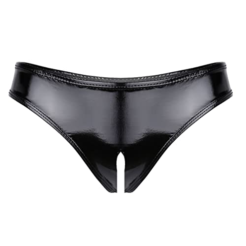 Alvivi Damen Wetlook Ouvert Slip G-String Tanga Panty Dessous offen Crotch Lack-Optik Höschen Hotpants Reizwäsche aus Lackleder Ad Schwarz Ab XXL von Alvivi