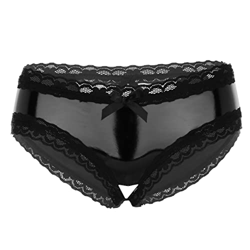 Alvivi Damen Wetlook Ouvert Slip G-String Tanga Panty Dessous offen Crotch Lack-Optik Höschen Hotpants Reizwäsche aus Lackleder Ad Schwarz Ac M von Alvivi