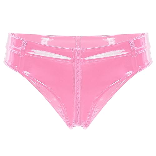 Alvivi Damen Wetlook Ouvert Slip G-String Tanga Panty Dessous offen Crotch Lack-Optik Höschen Hotpants Reizwäsche aus Lackleder F Rosa S von Alvivi