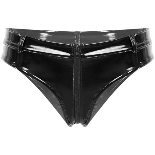 Alvivi Damen Wetlook Ouvert Slip G-String Tanga Panty Dessous offen Crotch Lack-Optik Höschen Hotpants Reizwäsche aus Lackleder F Schwarz M von Alvivi