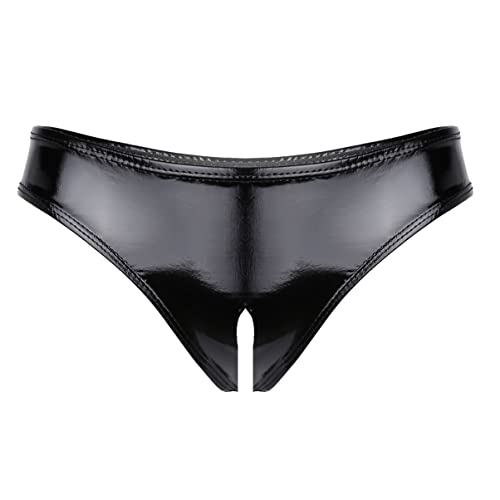 Alvivi Damen Wetlook Ouvert Slip G-String Tanga Panty Dessous offen Crotch Lack-Optik Höschen Hotpants Reizwäsche aus Lackleder Ad Schwarz Ab M von Alvivi