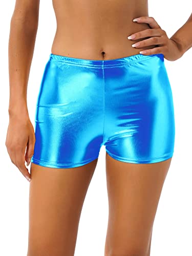 Alvivi Damen Wetlook Shorts Hotpants Glänzend Metallic Boxers Briefs Bikini Badehose Shorts Tanz Nachtclub Party GOGO Himmel Blau Einheitsgröße von Alvivi