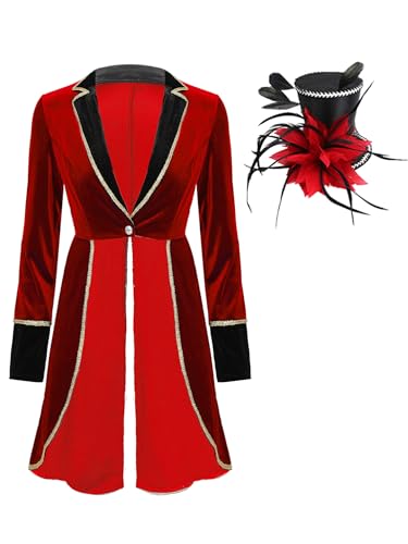 Alvivi Damen Zirkus Kostüm Zirkusdirektor Gothic Frack Jacke Mantel Weihnachten Umhang Circus Uniform Ringmaster Cosplay Karneval Fasching Kostüm G Rot XL von Alvivi