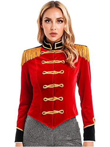 Alvivi Damen Zirkus Kostüm Zirkusdirektorin Uniform Langarm Frack Jacke Samt Blazer Mantel Show Tanzkostüm Weihnachten Karneval Party Outfits A Rot XL von Alvivi