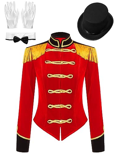 Alvivi Damen Zirkus Kostüm Zirkusdirektorin Uniform Langarm Frack Jacke Samt Blazer Mantel Show Tanzkostüm Weihnachten Karneval Party Outfits F Rot L von Alvivi