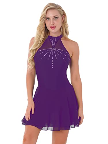 Alvivi Eiskunstlauf Kleid Damen Glitzer Ballettkleid mit Strass Rollschuhkleid Eislaufen Kleider Ballerina Latein Tanzkleid Wettbewerb Tanzkostüm S-XXL Ab Lila XL von Alvivi