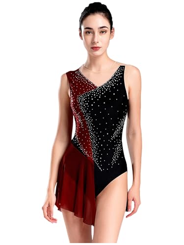 Alvivi Eiskunstlauf Kleid Damen Glitzer Lyrisch Tanzkleid mit Strass Rollschuhkleid Ballettkleid Ballerina Latein Tanzkostüm Wettbewerb Tanzkleidung A Weinrot L von Alvivi