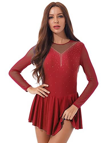 Alvivi Eiskunstlauf Kleid Damen Langarm Ballettanzug mit Strass Ballerina Latein Tango Rumba Salsa Rollschuhkleid Tanzkleid A Rot M von Alvivi