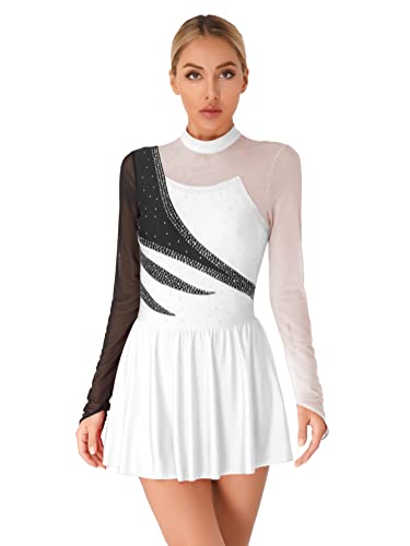 Alvivi Eiskunstlauf Kleid Damen Langarm Ballettanzug mit Strass Ballerina Latein Tango Rumba Salsa Rollschuhkleid Tanzkleid D Weiß A XXL von Alvivi