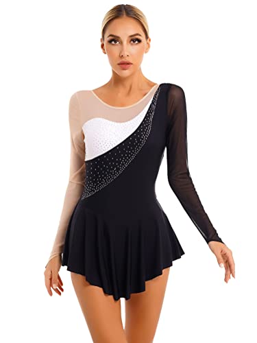 Alvivi Eiskunstlauf Kleid Damen Langarm Ballettanzug mit Strass Ballerina Latein Tango Rumba Salsa Rollschuhkleid Tanzkleid E Schwarz S von Alvivi