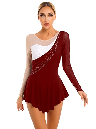 Alvivi Eiskunstlauf Kleid Damen Langarm Ballettanzug mit Strass Ballerina Latein Tango Rumba Salsa Rollschuhkleid Tanzkleid E Weinrot S von Alvivi