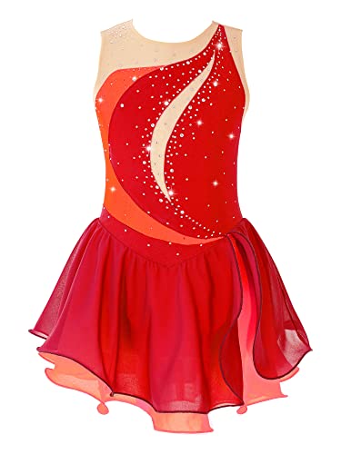 Alvivi Eiskunstlauf Kleid Mädchen Ballettkleid Glitzer Rollschuhkleid mit Strass Ballerina Latein Tanzkleid Eislaufen Wettbewerb Tanzkostüm Rot 146-152 von Alvivi