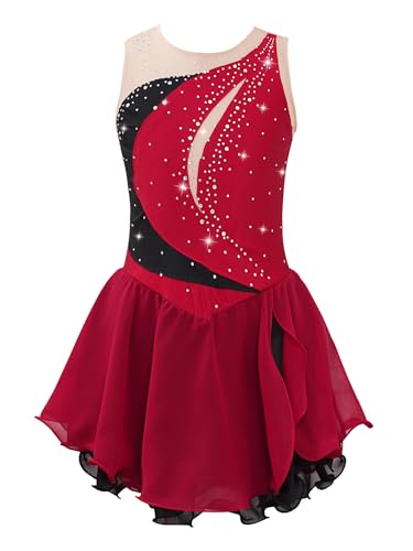 Alvivi Eiskunstlauf Kleid Mädchen Ballettkleid Glitzer Rollschuhkleid mit Strass Ballerina Latein Tanzkleid Eislaufen Wettbewerb Tanzkostüm Weinrot 146-152 von Alvivi